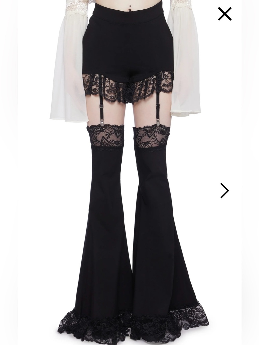 Dolls Kill Black Lace-Trim Short Set with Garters and Thigh-High, Flared Bottoms